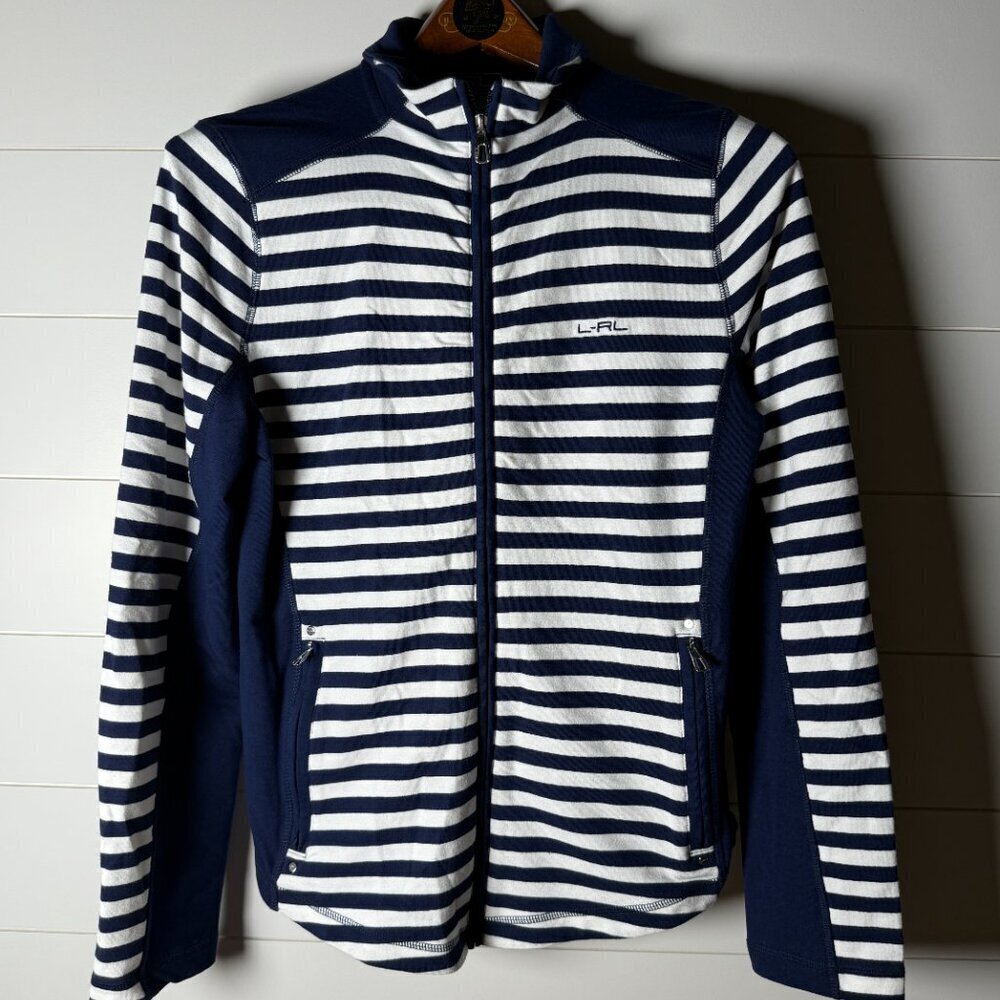 L-RL ACTIVE Ralph Lauren Women's Navy & White Stripe Nautical Jacket Sz Large